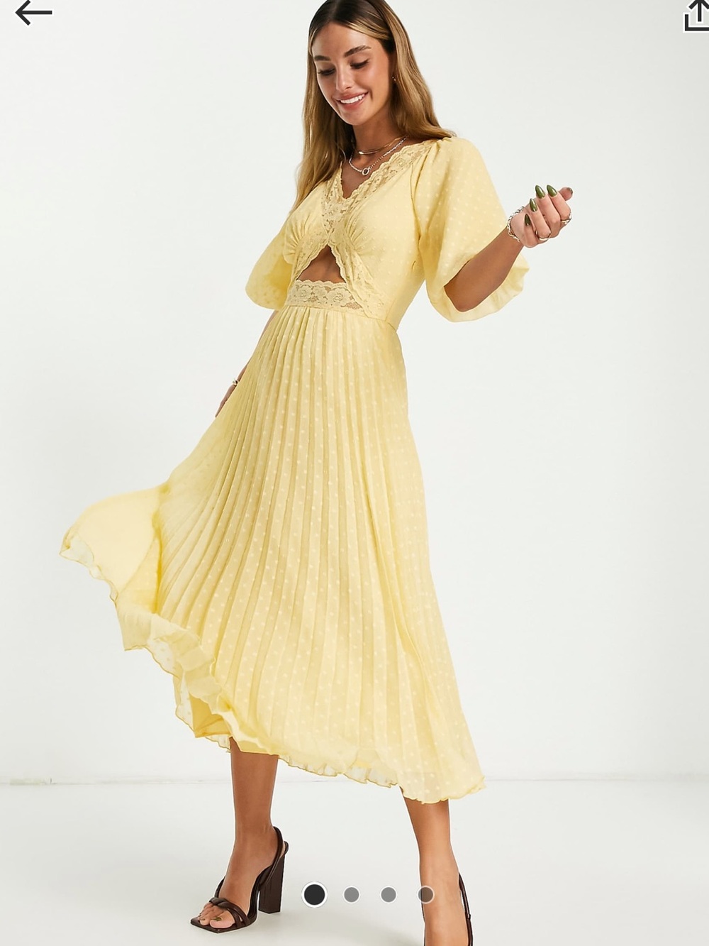 ASOS Design lace insert cut out textured pleated butter yellow midi dress